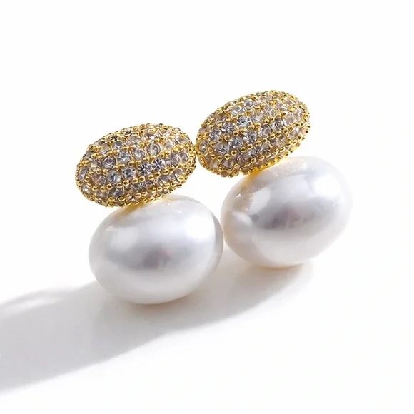 Crystal-Topped Pearl Drop Earrings - Picture 1 of 3